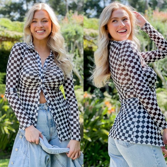 Checkered mesh long sleeve button down top - Picture 1 of 10